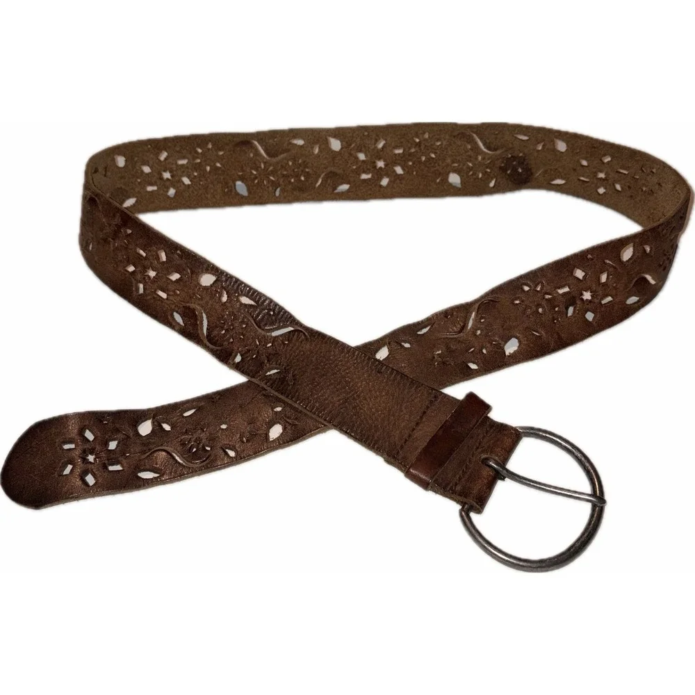Vintage Y2K Boho Floral Laser Cut Brown Leather Belt 32-36in M/L